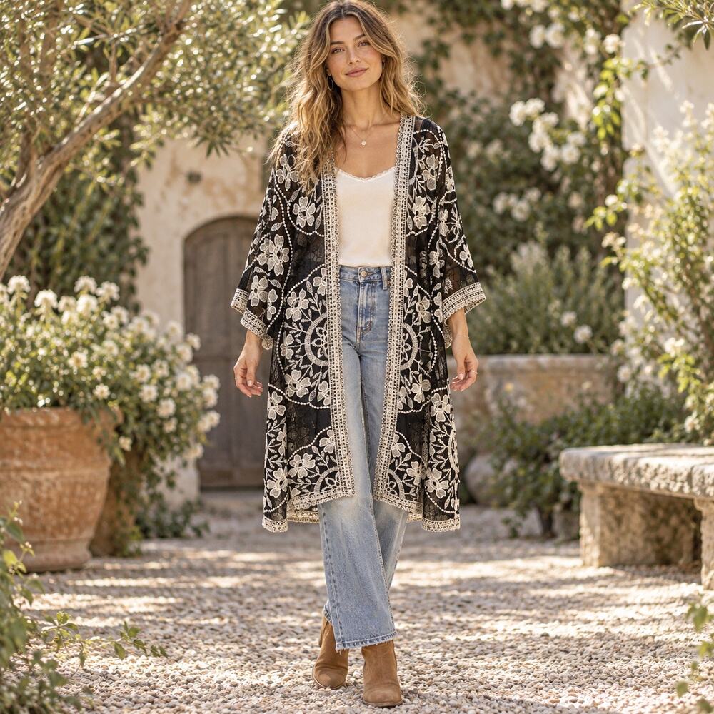 Woven Heart Black White Lace Boho Whimsy Goth Kimono Womens One Size